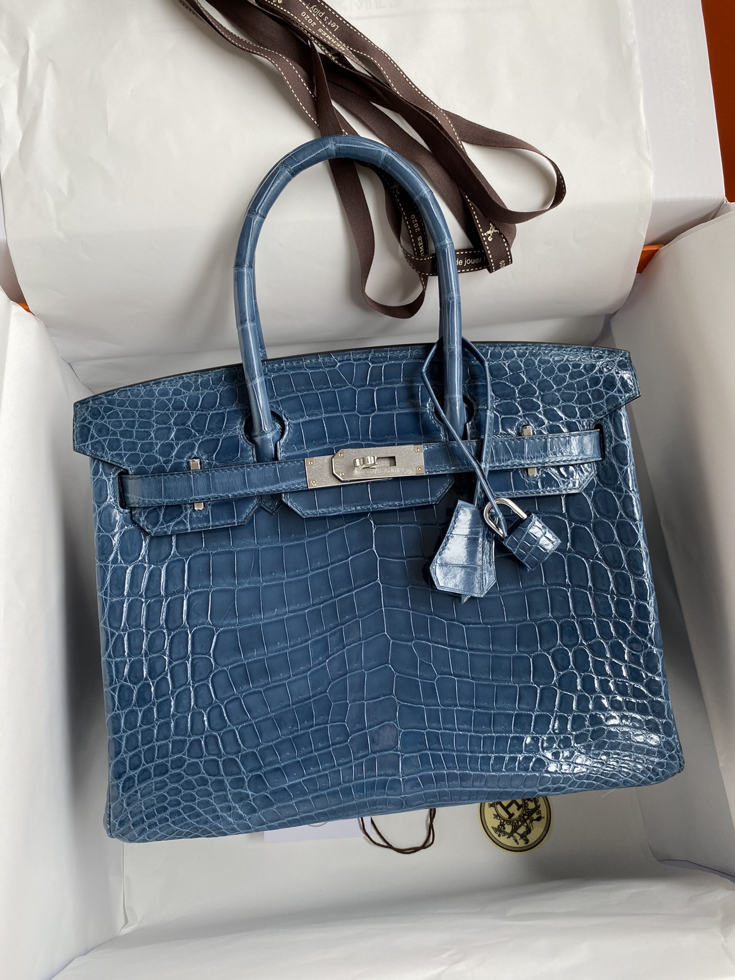 Hermes Birkin 30CM Handmade Bag In Blue Tempete Crocodile Niloticus Shiny Skin